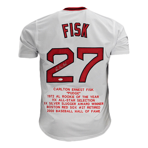 Carlton Fisk Stats Signed Boston White Baseball Jersey (JSA)