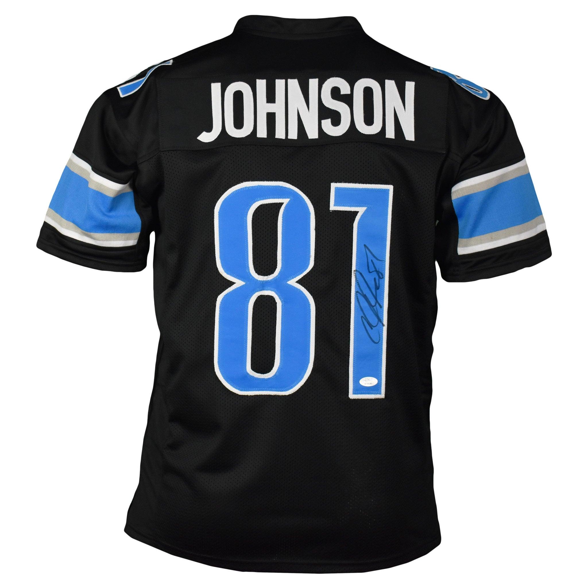 Framed Autographed/Signed Calvin Johnson 33x42 HOF 21 Detroit Black  Football Jersey JSA COA