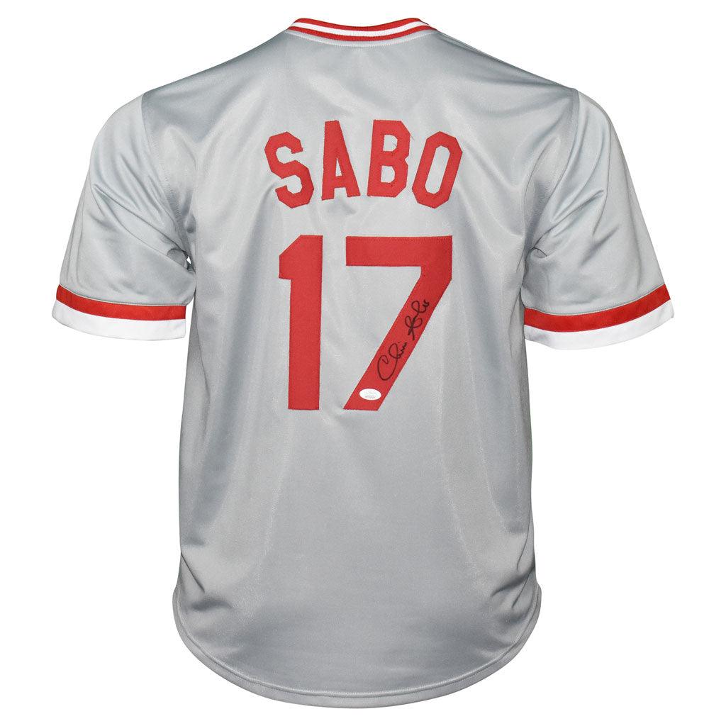 Framed Autographed/Signed Chris Sabo 33x42 White Baseball Jersey