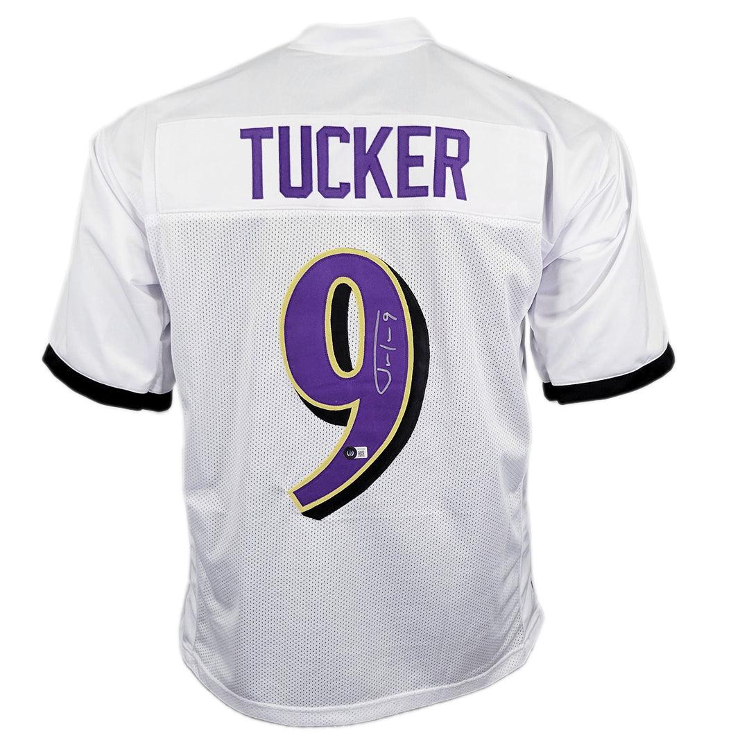 Press Pass Collectibles Justin Tucker Authentic Signed White Pro Style Jersey Autographed BAS Witnessed