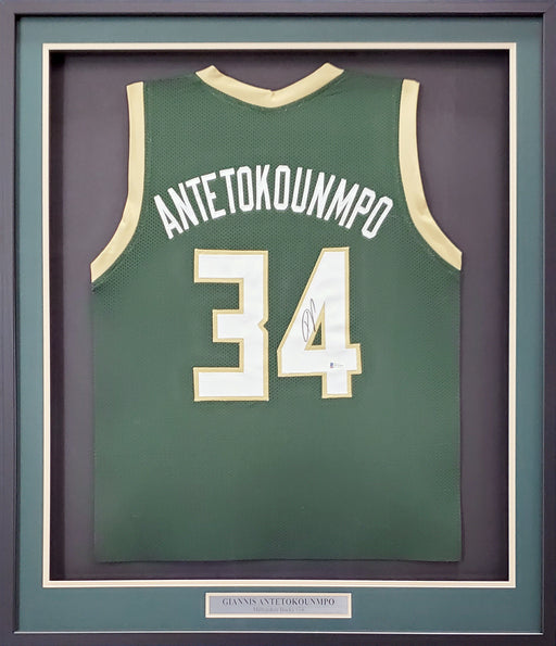 Milwaukee Bucks Giannis Antetokounmpo Autographed Framed Green Jersey Beckett BAS