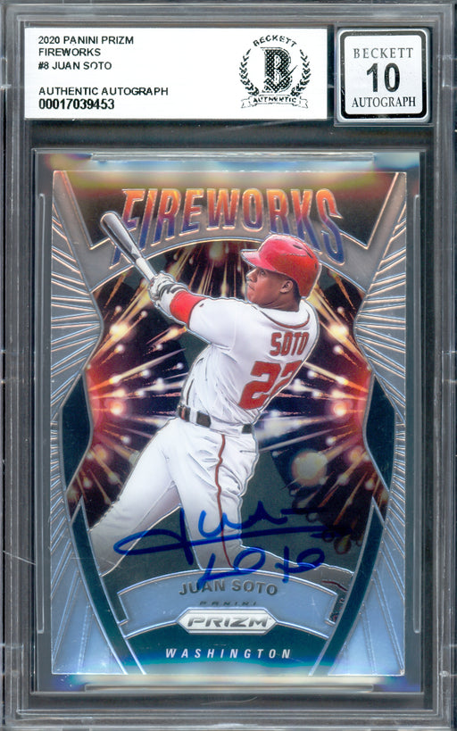 Juan Soto Autographed 2020 Panini Prizm Fireworks Card #F8 New York Yankees Auto Grade Gem Mint 10 Beckett BAS #17039453