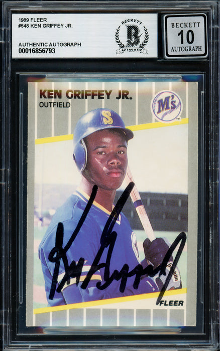 Ken Griffey Jr. Autographed 1989 Fleer Rookie Card #548 Seattle Mariners Auto Grade Gem Mint 10 Vintage Rookie Signature Beckett BAS #16856793