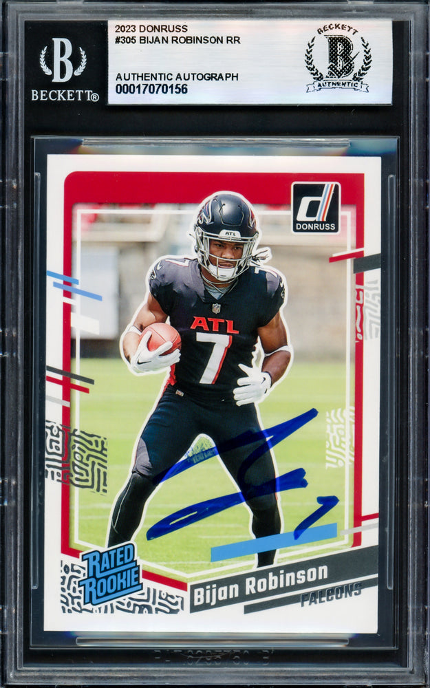 Bijan Robinson Autographed 2023 Donruss Rated Rookie Card #305 Atlanta Falcons Beckett BAS #17070156