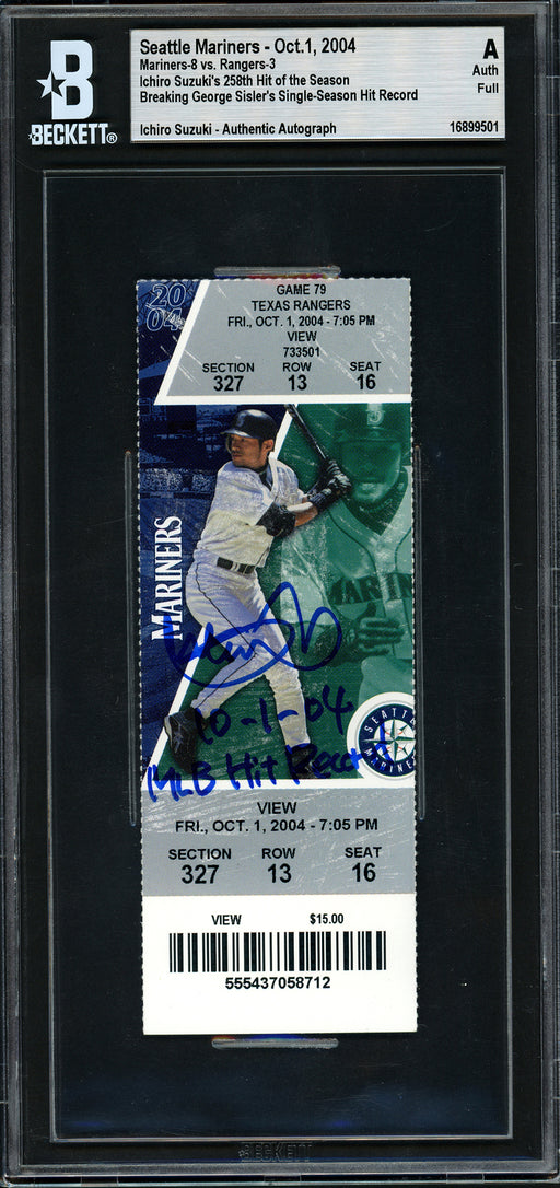 Ichiro Suzuki Autographed October 1st, 2004 Ticket Seattle Mariners "10-1-04 MLB Hit Record" Breaks George Sisler's Record Beckett BAS #16899501