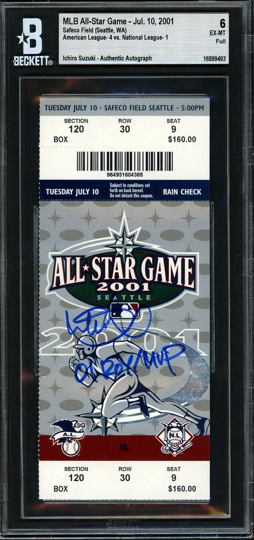 Ichiro Suzuki Autographed 2001 All Star Game Ticket Seattle Mariners BGS 6 "01 ROY/MVP" Beckett BAS #16899493