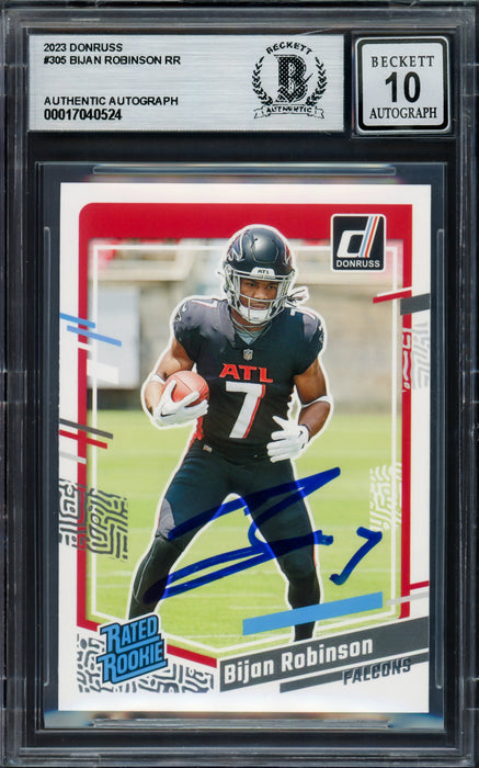 Bijan Robinson Autographed 2023 Donruss Rated Rookie Card #305 Atlanta Falcons Auto Grade Gem Mint 10 Beckett BAS