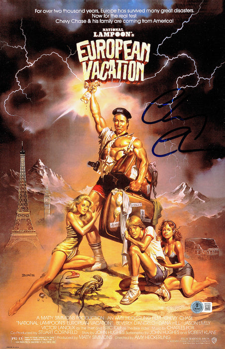 Chevy Chase Autographed 11x17 Movie Poster European Vacation Beckett BAS Witness