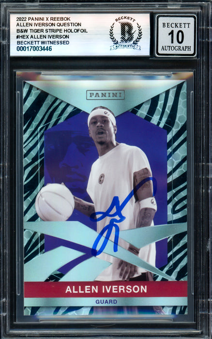 Allen Iverson Autographed 2022 Panini X Reebok B&W Tiger Stripe Holofoil Card #HEX Philadelphia 76ers Auto Grade Gem Mint 10 #493/999 Beckett BAS Witness #17003446