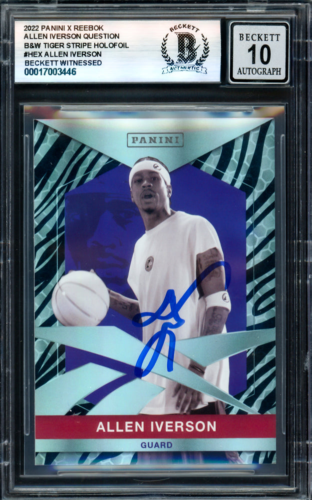 Allen Iverson Autographed 2022 Panini X Reebok B&W Tiger Stripe Holofoil Card #HEX Philadelphia 76ers Auto Grade Gem Mint 10 #493/999 Beckett BAS Witness #17003446