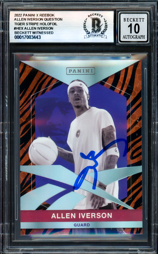 Allen Iverson Autographed 2022 Panini X Reebok Tiger Stripe Holofoil Card #HEX Philadelphia 76ers Auto Grade Gem Mint 10 Beckett BAS Witness #17003443