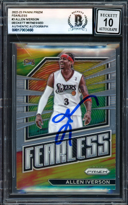 Allen Iverson Autographed 2022-23 Panini Prizm Fearless Card #3 Philadelphia 76ers Auto Grade Gem Mint 10 Beckett BAS Witness #17003460