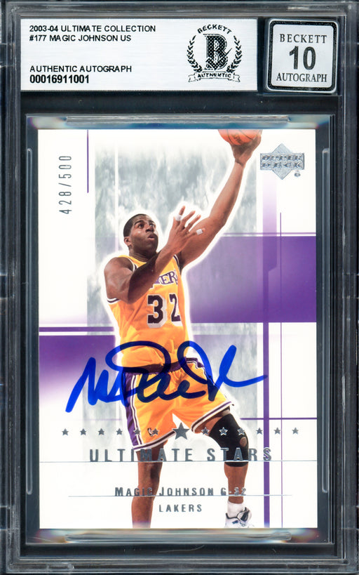 Magic Johnson Autographed 2003-04 Ultimate Collection Card #177 Los Angeles Lakers Auto Grade Gem Mint 10 #428/500 Beckett BAS #16911001