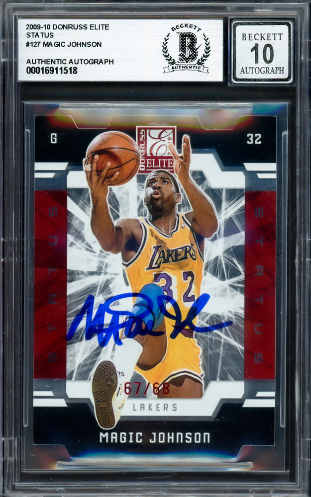 Magic Johnson Autographed 2009-10 Donruss Elite Status Card #127 Los Angeles Lakers Auto Grade Gem Mint 10 #67/68 Beckett BAS #16911518