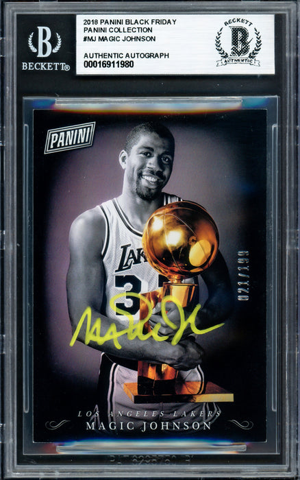 Magic Johnson Autographed 2018 Panini Black Friday Collection Card #MJ Los Angeles Lakers #021/199 Beckett BAS #16911980