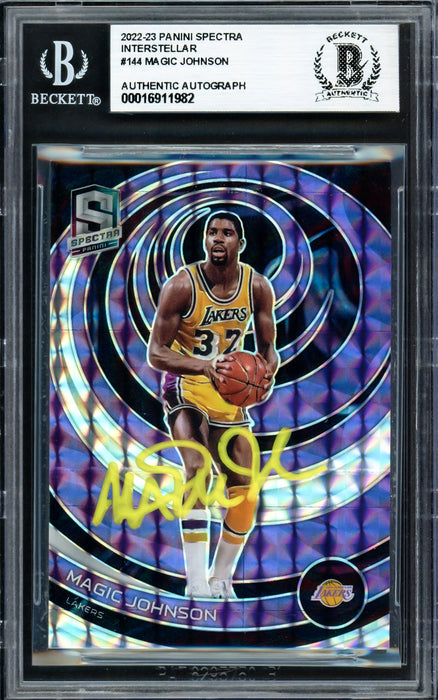 Magic Johnson Autographed 2022-23 Panini Spectra Interstellar Card #144 Los Angeles Lakers #97/99 Beckett BAS #16911982