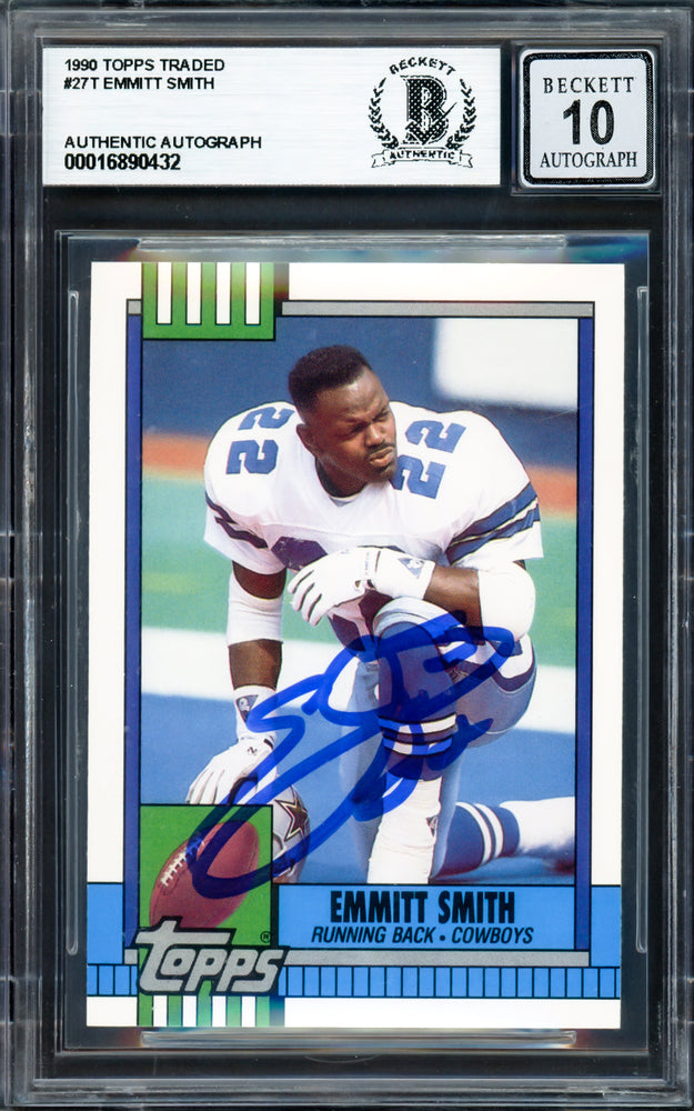 Emmitt Smith Autographed 1990 Topps Traded Rookie Card #27T Dallas Cowboys Auto Grade Gem Mint 10 Beckett BAS #16890432