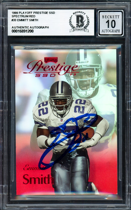 Emmitt Smith Autographed 1999 Playoff Prestige Spectrum Red Card #33 Dallas Cowboys Auto Grade Gem Mint 10 #271/500 Beckett BAS #16891200