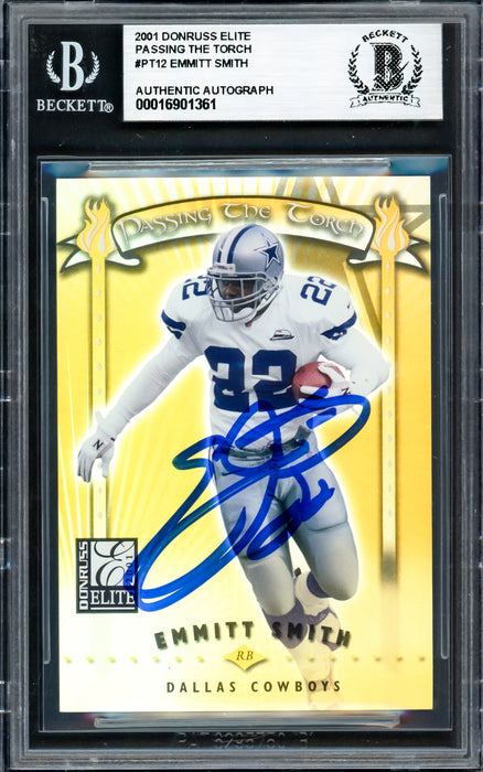 Emmitt Smith Autographed 2001 Donruss Elite Passing the Torch Card #PT12 Dallas Cowboys Auto Grade Gem Mint 10 #0316/1000 Beckett BAS #16901361