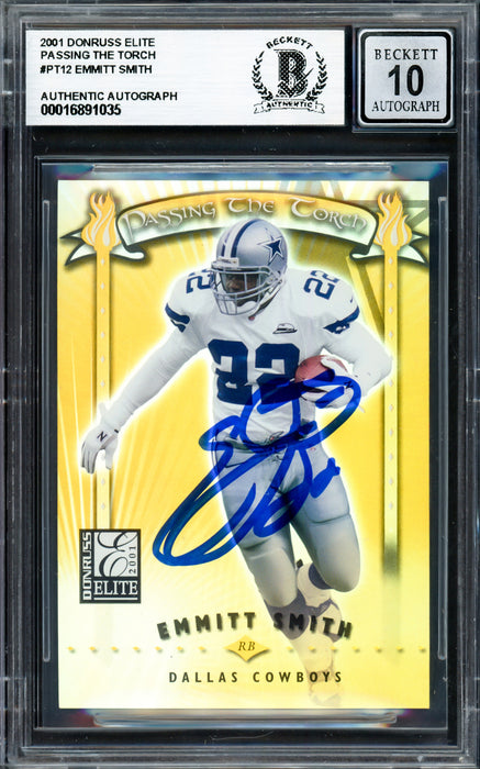 Emmitt Smith Autographed 2001 Donruss Elite Passing the Torch Card #PT12 Dallas Cowboys Auto Grade Gem Mint 10 #0691/1000 Beckett BAS #16891035