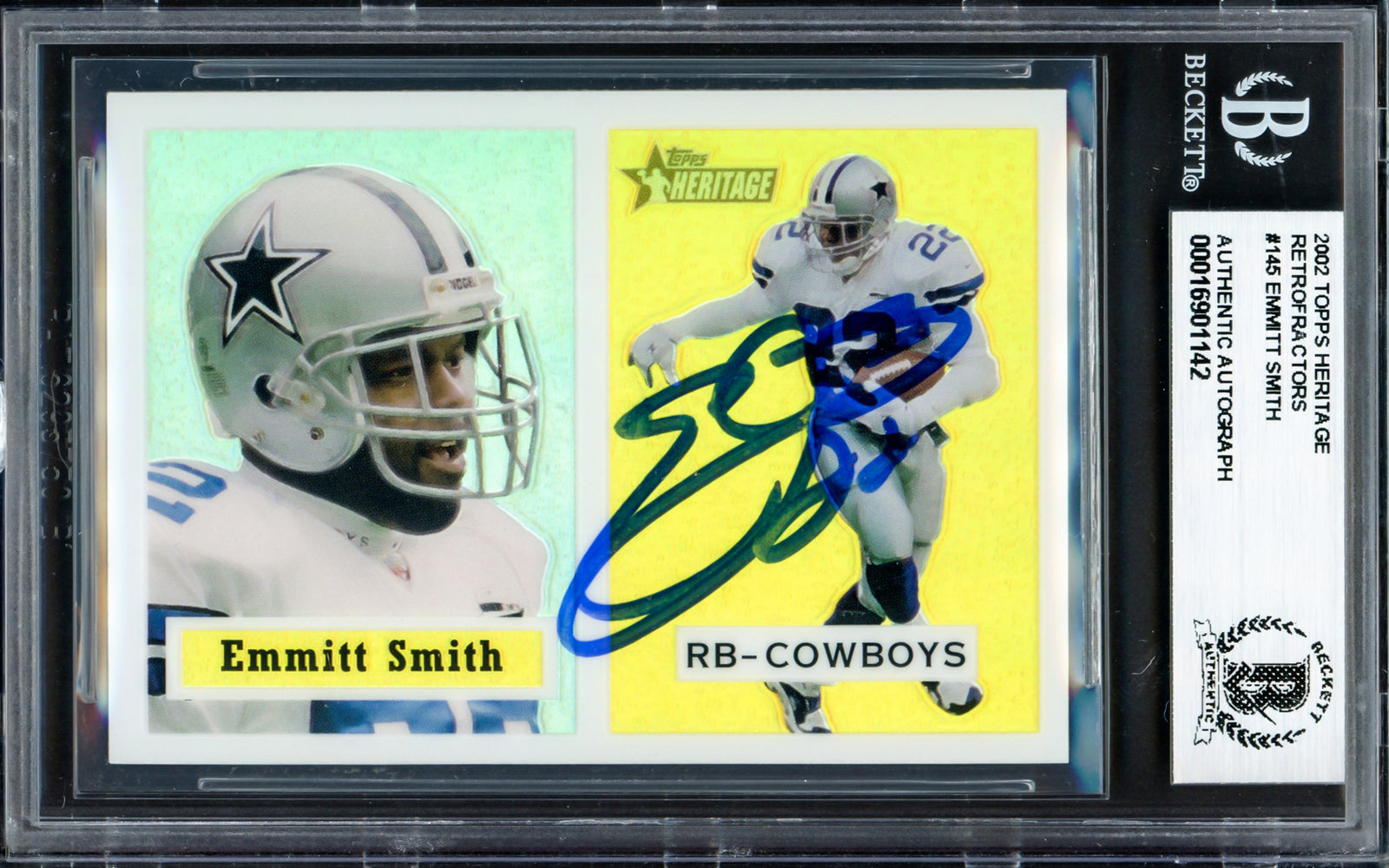 Emmitt Smith Autographed 2002 Topps Heritage Retrofractors Card #145 Dallas Cowboys #445/557 Beckett BAS #16901142