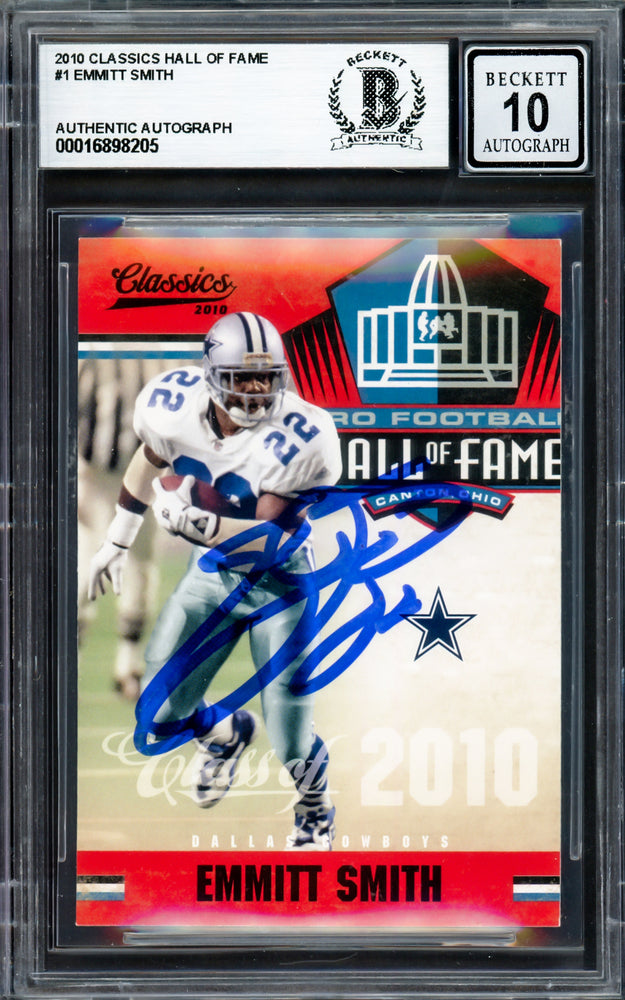 Emmitt Smith Autographed 2010 Classics Hall of Fame Card #1 Dallas Cowboys Auto Grade Gem Mint 10 Beckett BAS #16898205