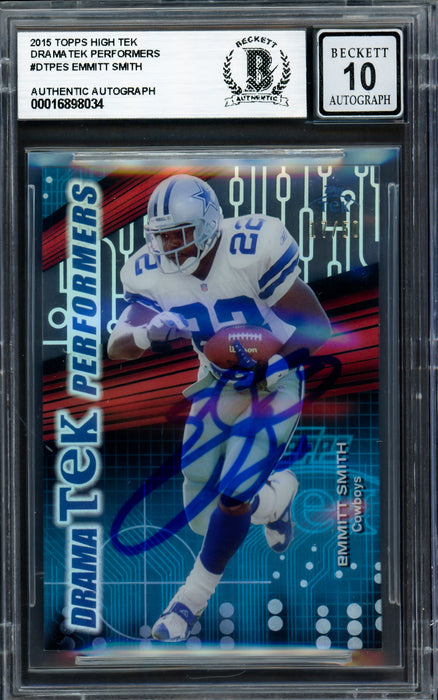 Emmitt Smith Autographed 2015 Topps High Tek Drama Tek Performers Card #DTPES Dallas Cowboys Auto Grade Gem Mint 10 #17/50 Beckett BAS #16898034