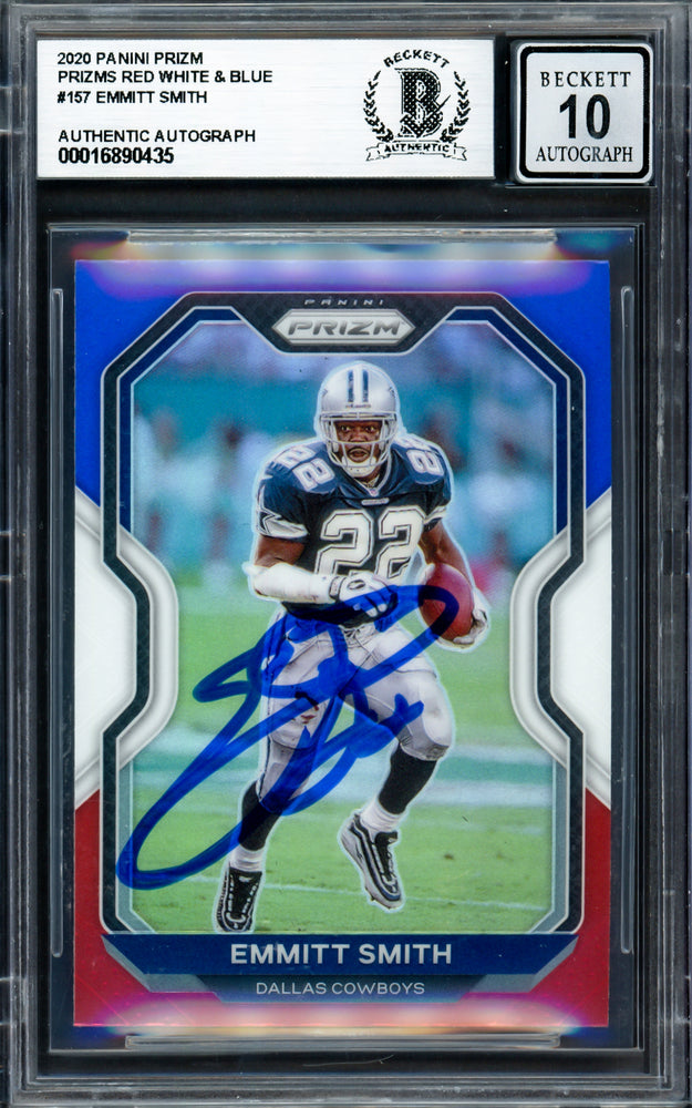 Emmitt Smith Autographed 2020 Panini Prizm Prizms Red White & Blue Card #157 Dallas Cowboys Auto Grade Gem Mint 10 Beckett BAS #16890435