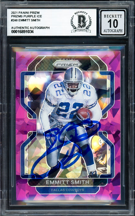 Emmitt Smith Autographed 2021 Panini Prizm Prizms Purple Ice Card #248 Dallas Cowboys Auto Grade Gem Mint 10 #160/225 Beckett BAS #16891034