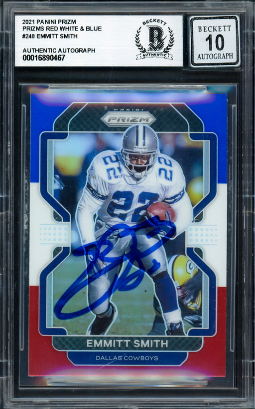 Emmitt Smith Autographed 2021 Panini Prizm Prizms Red White & Blue Card #248 Dallas Cowboys Auto Grade Gem Mint 10 Beckett BAS #16890467