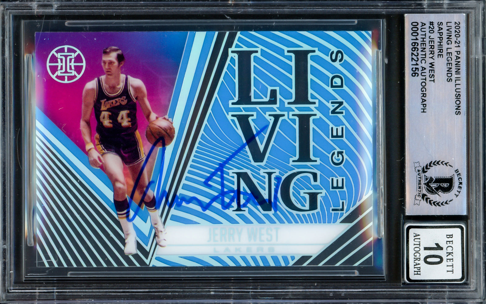 Jerry West Autographed 2020-21 Panini Illusions Living Legends Sapphire Card #20 Los Angeles Lakers Auto Grade Gem Mint 10 Beckett BAS #16622156