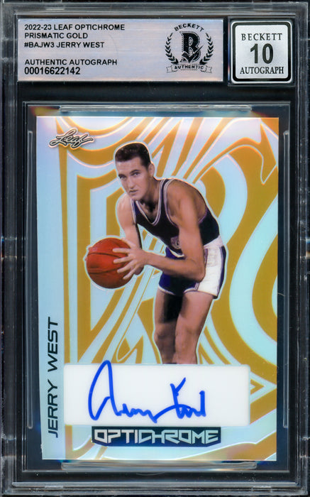 Jerry West Autographed 2022-23 Leaf Optichrome Prismatic Gold Card #BAJW3 Los Angeles Lakers Auto Grade Gem Mint 10 Beckett BAS #16622142