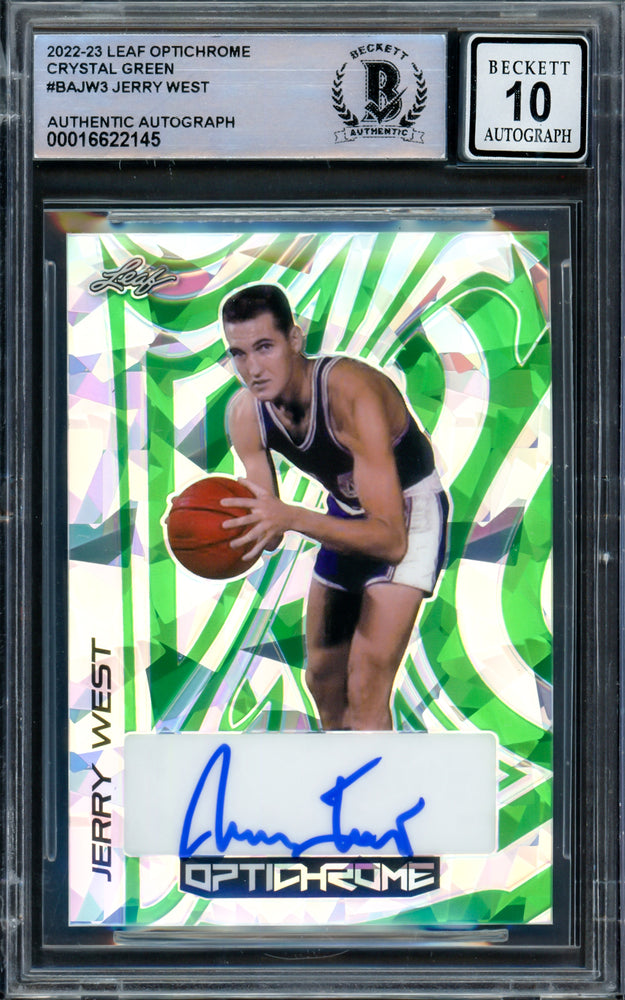 Jerry West Autographed 2022-23 Leaf Optichrome Crystal Green Card #BAJW3 Los Angeles Lakers Auto Grade Gem Mint 10 Beckett BAS #16622145