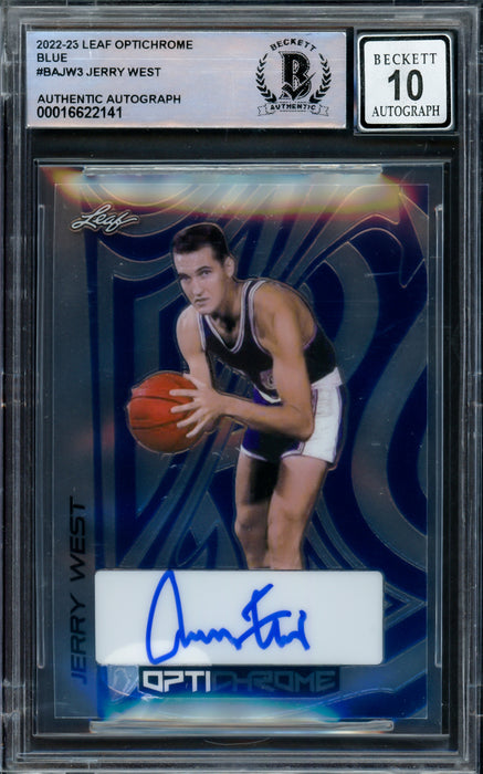 Jerry West Autographed 2022-23 Leaf Optichrome Blue Card #BAJW3 Los Angeles Lakers Auto Grade Gem Mint 10 Beckett BAS #16622141