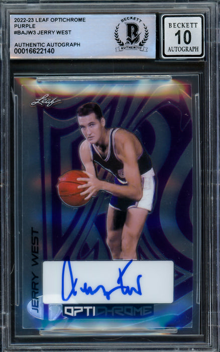 Jerry West Autographed 2022-23 Leaf Optichrome Purple Card #BAJW3 Los Angeles Lakers Auto Grade Gem Mint 10 Beckett BAS #16622140