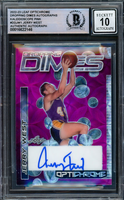 Jerry West Autographed 2022-23 Leaf Optichrome Dropping Dimes Kaleidoscope Pink Card #DDJW1 Los Angeles Lakers Auto Grade Gem Mint 10 Beckett BAS #16622146