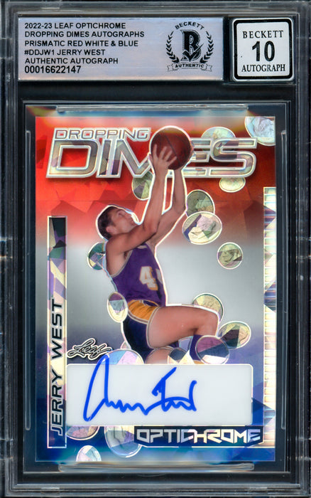 Jerry West Autographed 2022-23 Leaf Optichrome Dropping Dimes Prismatic Red White & Blue Card #DDJW1 Los Angeles Lakers Auto Grade Gem Mint 10 Beckett BAS #16622147