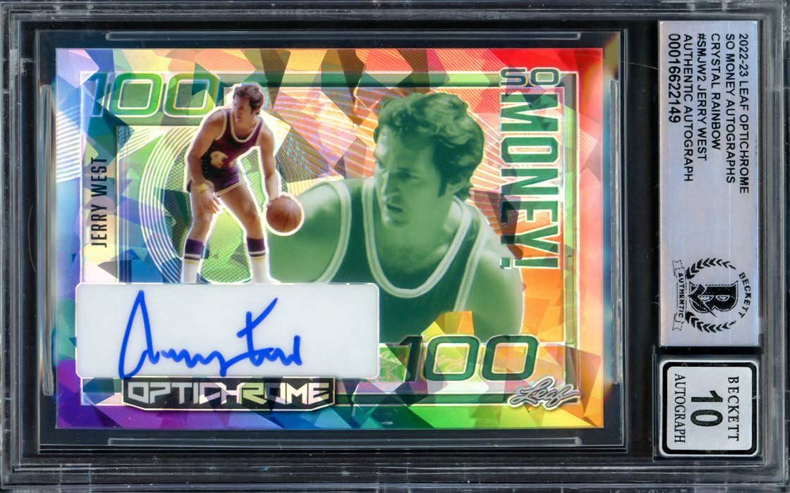 Jerry West Autographed 2022-23 Leaf Optichrome So Money Crystal Rainbow Card #SMJW2 Los Angeles Lakers Auto Grade Gem Mint 10 Beckett BAS #16622149