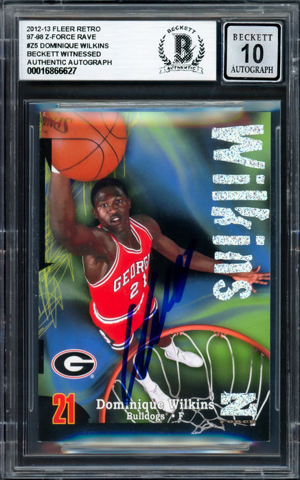 Dominique Wilkins Autographed 2012-13 Fleer Retro 97-98 Z-Force Rave Card #Z5 Atlanta Hawks Auto Grade Gem Mint 10 "HH Film" #185/399 Beckett BAS Witness #16866627