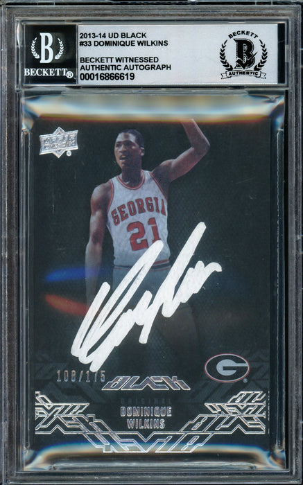 Dominique Wilkins Autographed 2013-14 Upper Deck Black Card #33 Atlanta Hawks Auto Grade Gem Mint 10 "HH Film" #108/175 Beckett BAS Witness #16866619