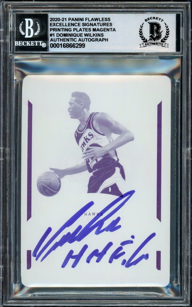 Dominique Wilkins Autographed 2020-21 Panini Flawless Excellence Printing Plates Magenta Card #1 Atlanta Hawks Auto Grade Gem Mint 10 "HH Film" #1/1 Beckett BAS Witness #16866299