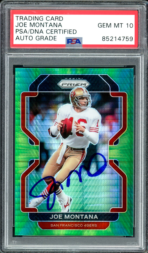 Joe Montana Autographed 2021 Panini Prizm Hyper Green Card #60 San Francisco 49ers Auto Grade Gem Mint 10 #152/175 PSA/DNA #85214759