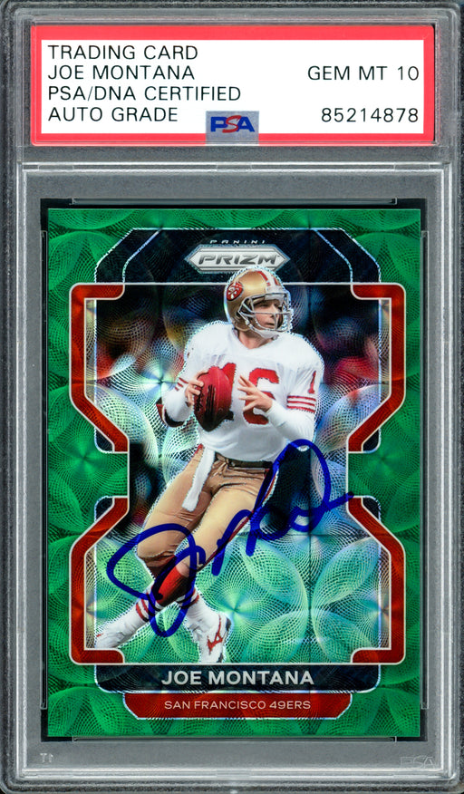 Joe Montana Autographed 2021 Panini Prizm Green Scope Card #60 San Francisco 49ers Auto Grade Gem Mint 10 #63/75 PSA/DNA #85214878