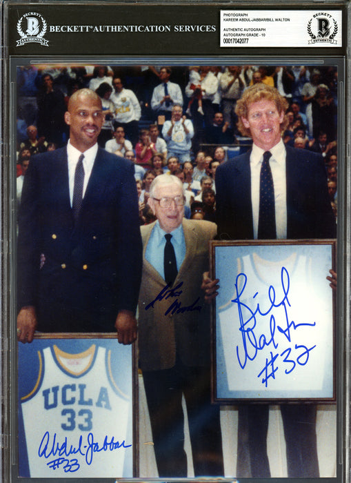 Kareem Abdul Jabbar, John Wooden & Bill Walton Autographed 8x10 Photo UCLA Auto Grade Gem Mint 10 Beckett BAS #17042077