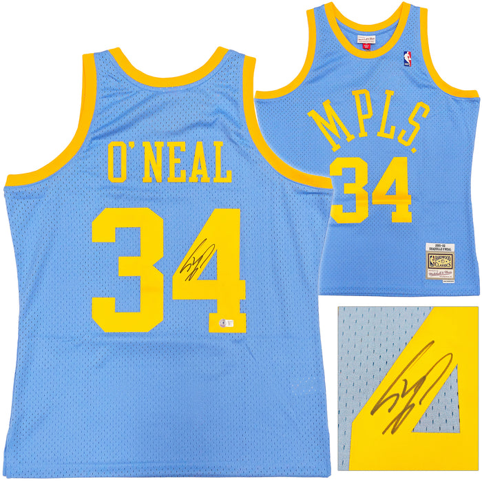 Los Angeles Lakers Shaquille Shaq O'Neal Autographed Baby Blue Authentic Mitchell & Ness 2001-02 HWC Swingman Jersey Size L Beckett BAS Witness