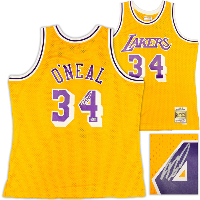Los Angeles Lakers Shaquille Shaq O'Neal Autographed Yellow Authentic Mitchell & Ness 1996-97 HWC Swingman Jersey Size XL Beckett BAS Witness