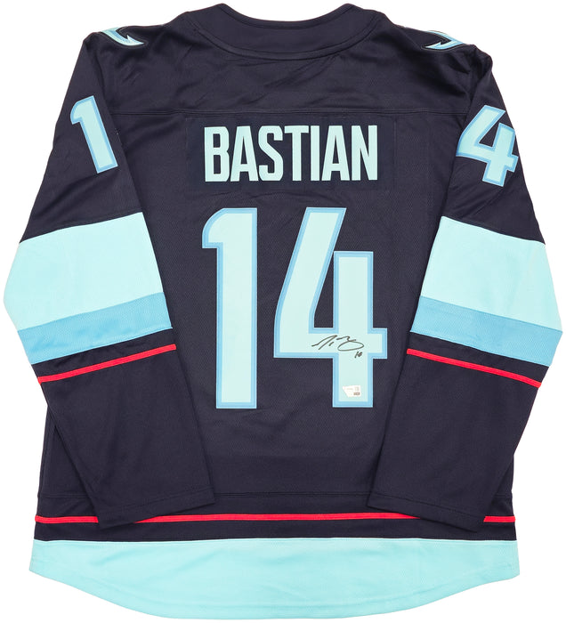 Seattle Kraken Nathan Bastian Autographed Blue Fanatics Breakaway Jersey Size XL With Inaugural Season Patch Fanatics Holo