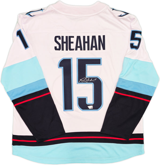 Seattle Kraken Riley Sheahan Autographed White Fanatics Breakaway Jersey Size XL With Inaugural Season Patch Fanatics Holo
