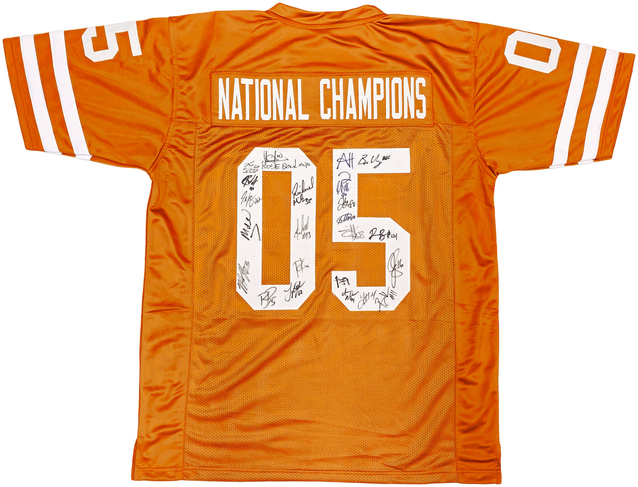 2005 CFB National Champions Texas Longhorns Autographed Orange Jersey With 24 Signatures Including Vince Young Beckett BAS QR