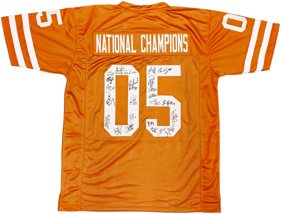 2005 CFB National Champions Texas Longhorns Autographed Orange Jersey With 24 Signatures Including Vince Young Beckett BAS QR